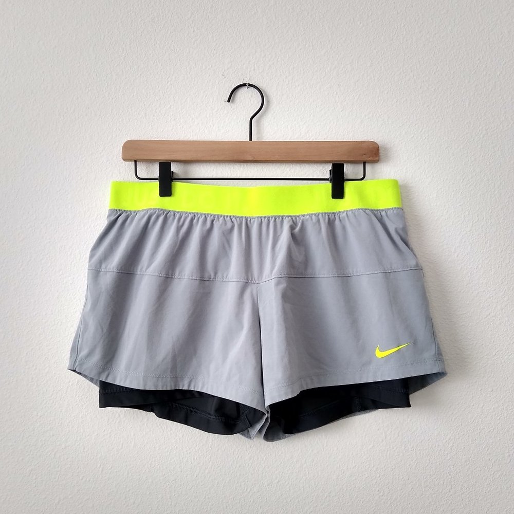 Nike Dri-Fit Neon Waistband Dual Layer Gray Shorts | L